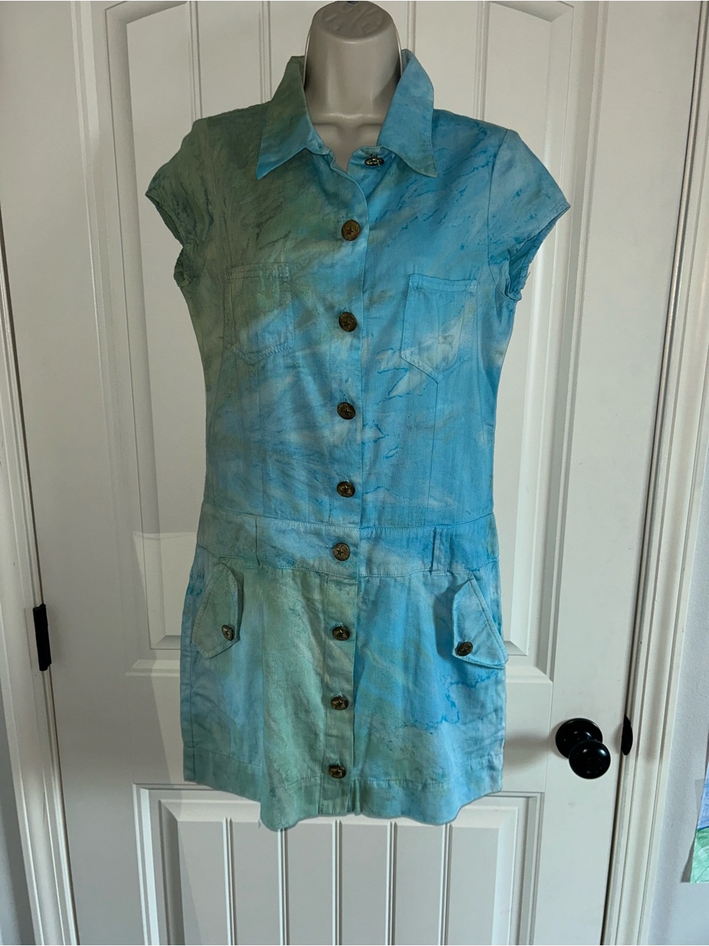NEW Hard Tail Tie-Dye Blue Green Button-Front Mini Dress Sz M